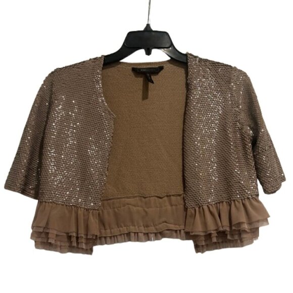 BCBGMaxAzria Jackets & Blazers - BCBGMaxazria Tan Marin Sequins Shrug Jacket Women’s Size Small